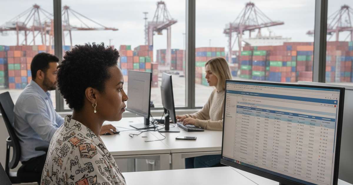 Analista de importação conferindo o cronograma do navio, com o terminal de contêineres ao fundo